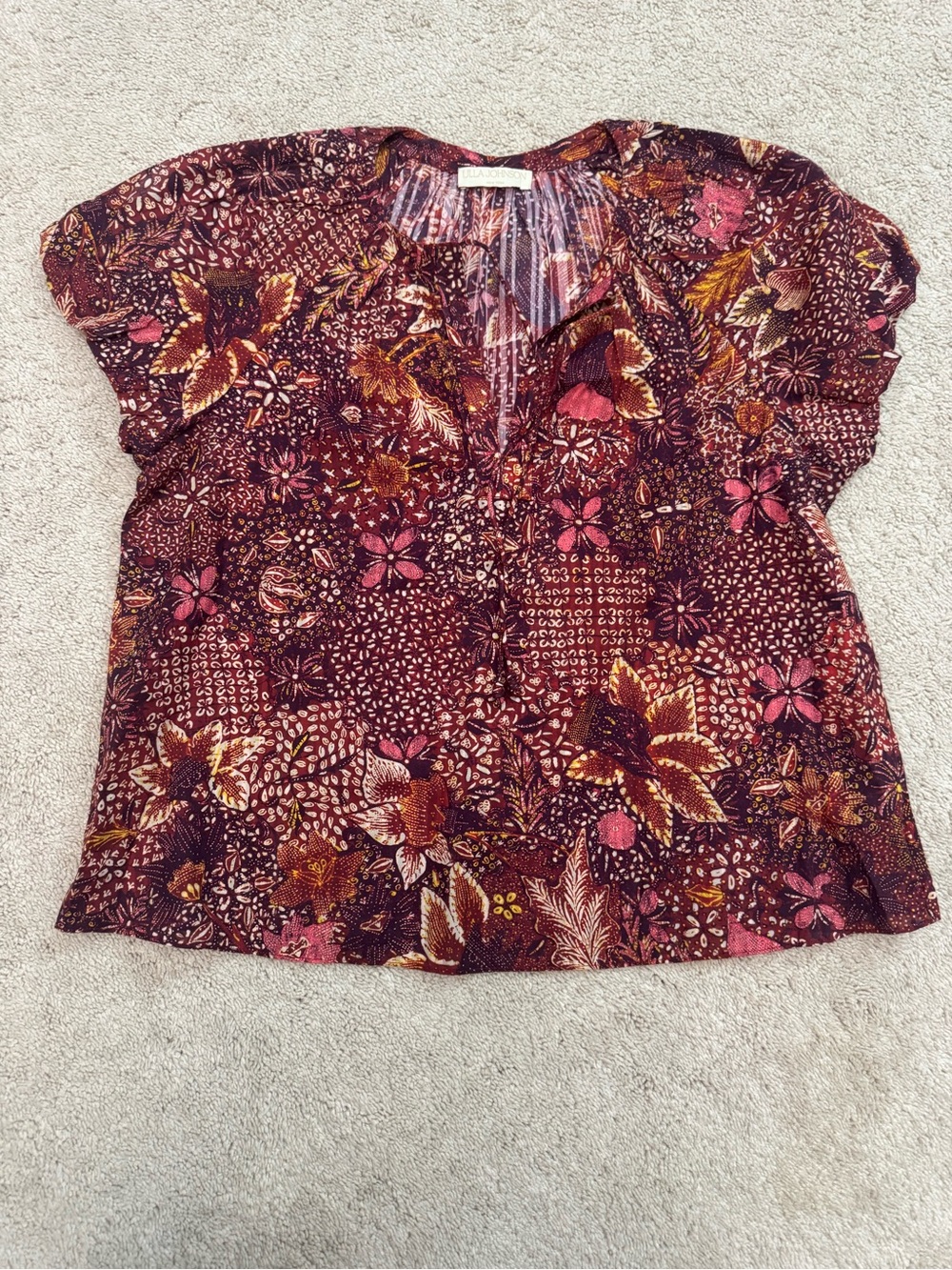 Ulla Johnson Burgundy Floral Split-Neck Blouse - Picture 4 of 4